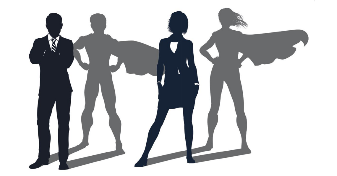 Weibliche und Männliche Figur in blau mit einem grauen Schatten aufdem sie Superhelden sind
