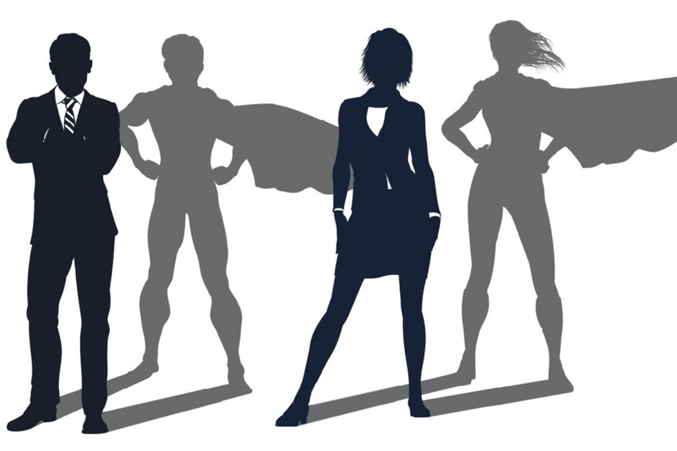 Weibliche und Männliche Figur in blau mit einem grauen Schatten aufdem sie Superhelden sind